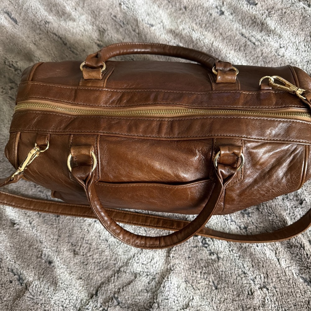 Y2K Lauren Merkin Brown Leather Satchel Duffel Top Handle Shoulder Bag Purse - Picture 2 of 16